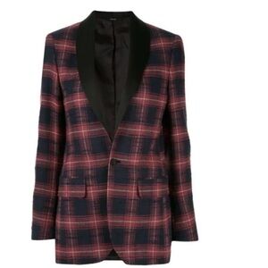 R13 Shawl Lapel Tuxedo Maroon and Black Plaid SZ XS